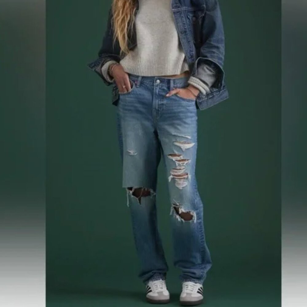 AE77 Premium NEW Slouch 90s Retro Distressed Baggy Wide Leg Jeans size 14